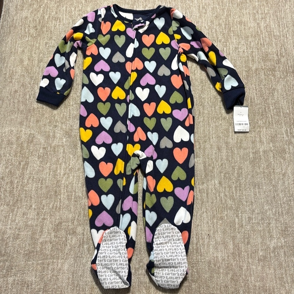 NWT 2T Carters Cozy footed onsie multi colored hearts Valentine's Day! Full zip